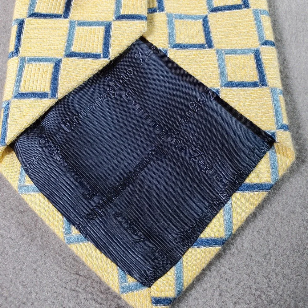 Ermenegildo Zegna Tie Mens Yellow Blue Geometric Print Silk Blend Italy Designer